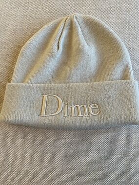 Dime Embroidered Cuffed Beanie in Beige